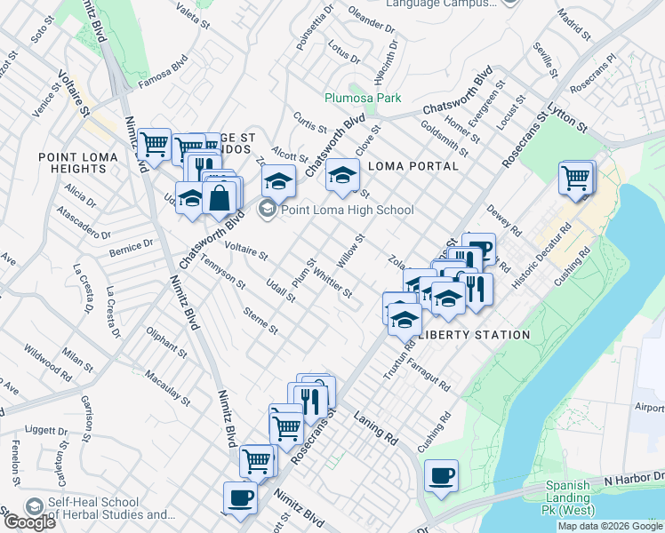 map of restaurants, bars, coffee shops, grocery stores, and more near 3320 Whittier Street in San Diego