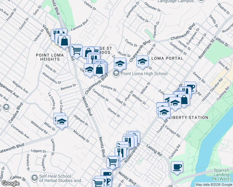 map of restaurants, bars, coffee shops, grocery stores, and more near 3516 Udall Street in San Diego