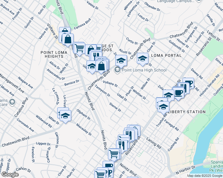 map of restaurants, bars, coffee shops, grocery stores, and more near 3516 Udall Street in San Diego