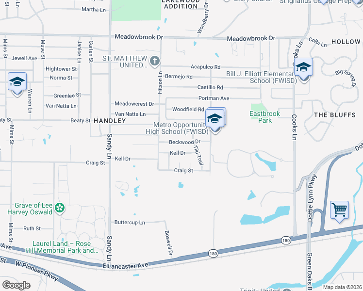 map of restaurants, bars, coffee shops, grocery stores, and more near 7532 Beckwood Drive in Fort Worth