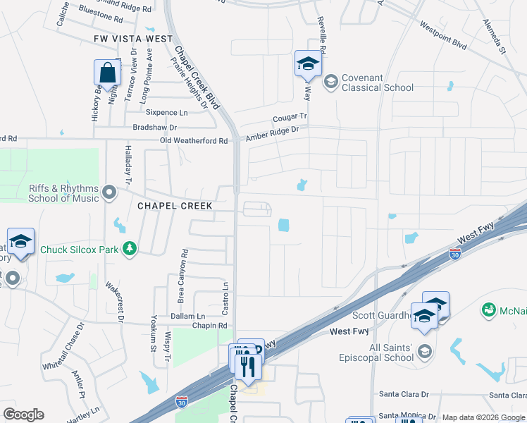 map of restaurants, bars, coffee shops, grocery stores, and more near 10100 West Freeway in Fort Worth
