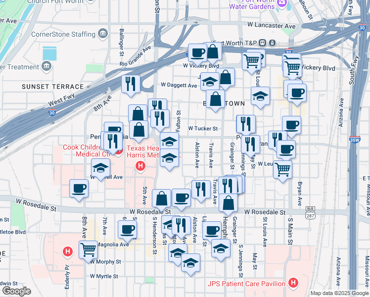 map of restaurants, bars, coffee shops, grocery stores, and more near 615 College Avenue in Fort Worth