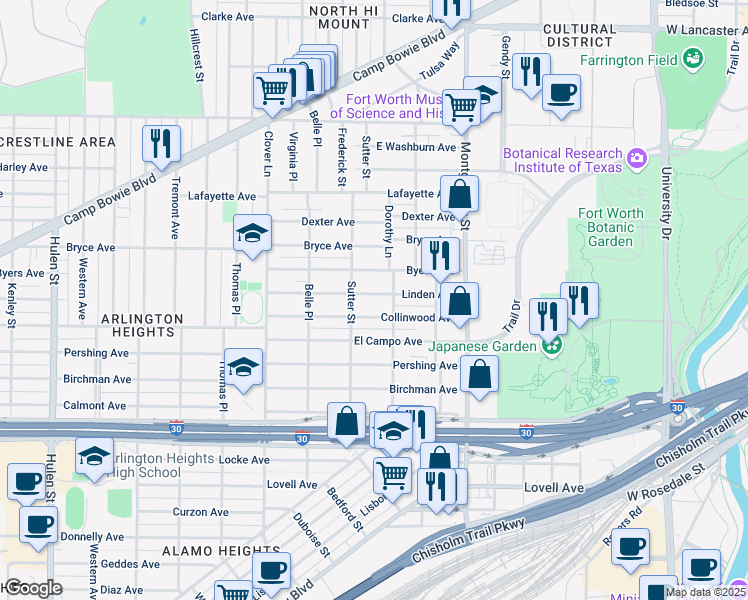 map of restaurants, bars, coffee shops, grocery stores, and more near 3817 Linden Avenue in Fort Worth