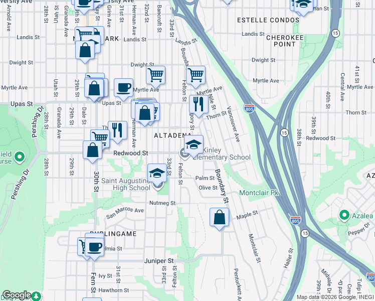 map of restaurants, bars, coffee shops, grocery stores, and more near 3352 Redwood Street in San Diego