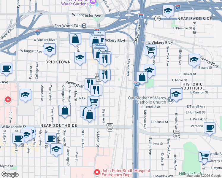 map of restaurants, bars, coffee shops, grocery stores, and more near 664 Crawford Street in Fort Worth