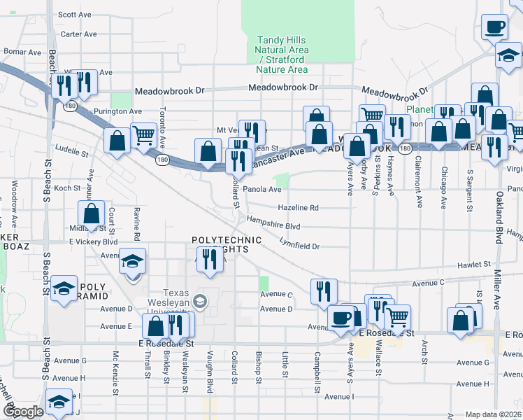 map of restaurants, bars, coffee shops, grocery stores, and more near 3324 Hazeline Road in Fort Worth