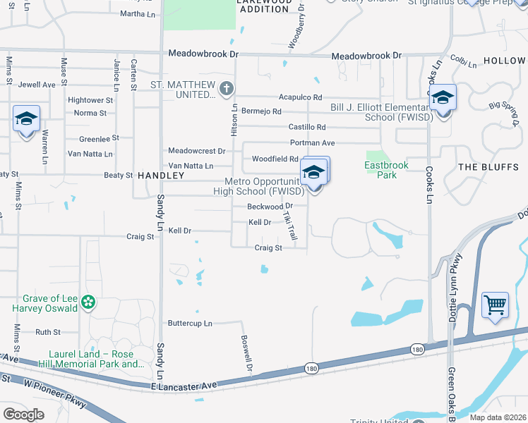 map of restaurants, bars, coffee shops, grocery stores, and more near 7532 Beckwood Drive in Fort Worth