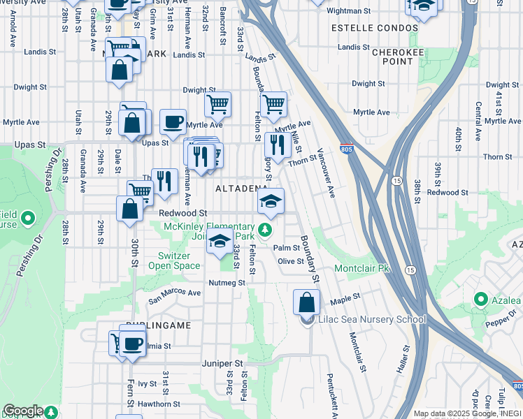 map of restaurants, bars, coffee shops, grocery stores, and more near 3352 Redwood Street in San Diego