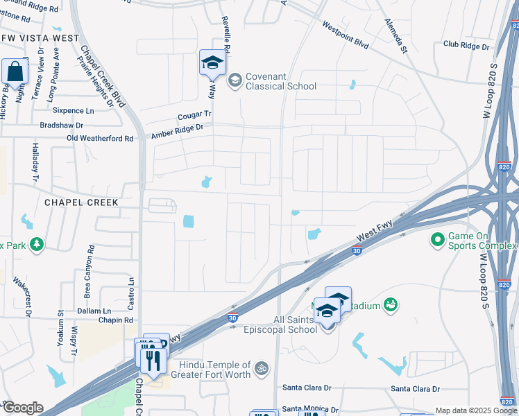 map of restaurants, bars, coffee shops, grocery stores, and more near 2601 Clear Root Circle in Fort Worth