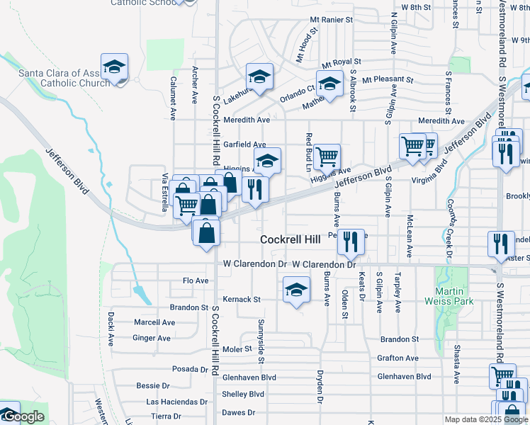 map of restaurants, bars, coffee shops, grocery stores, and more near 4126 West Jefferson Boulevard in Dallas