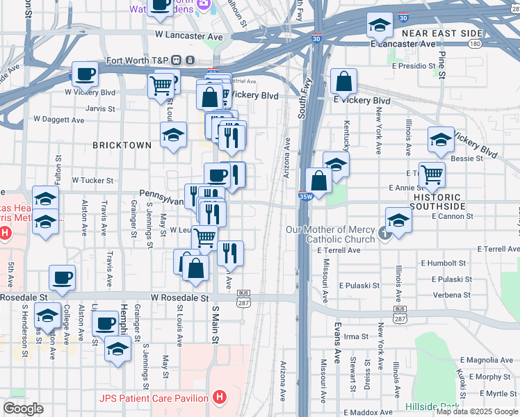 map of restaurants, bars, coffee shops, grocery stores, and more near 400 East Hattie Street in Fort Worth