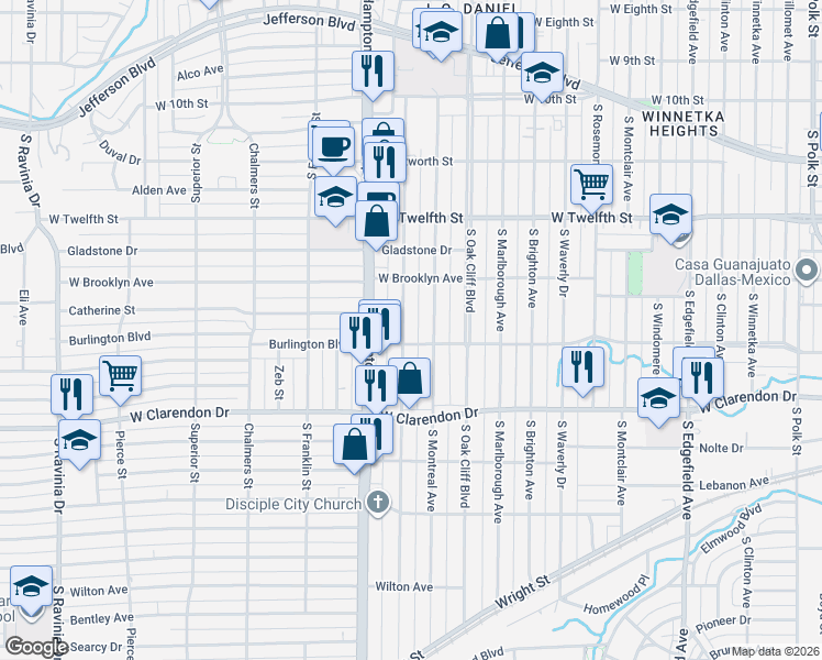 map of restaurants, bars, coffee shops, grocery stores, and more near 822 Hollywood Avenue in Dallas