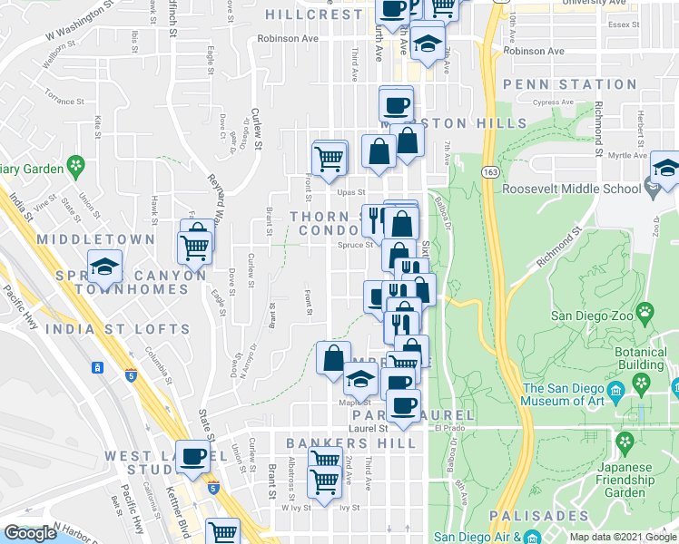map of restaurants, bars, coffee shops, grocery stores, and more near 143 Redwood Street in San Diego