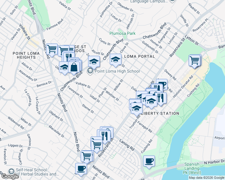 map of restaurants, bars, coffee shops, grocery stores, and more near 3311 Xenophon Street in San Diego