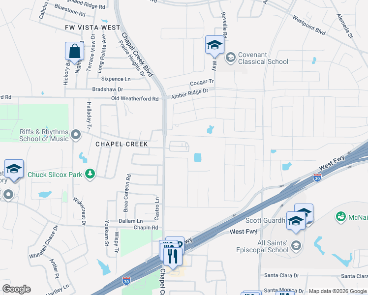map of restaurants, bars, coffee shops, grocery stores, and more near 10100 West Freeway in Fort Worth