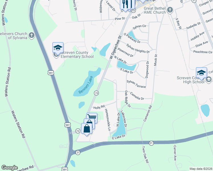 map of restaurants, bars, coffee shops, grocery stores, and more near 803 West Ogeechee Street in Sylvania