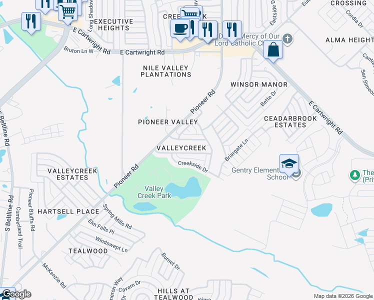map of restaurants, bars, coffee shops, grocery stores, and more near 823 Valleycreek Road in Mesquite