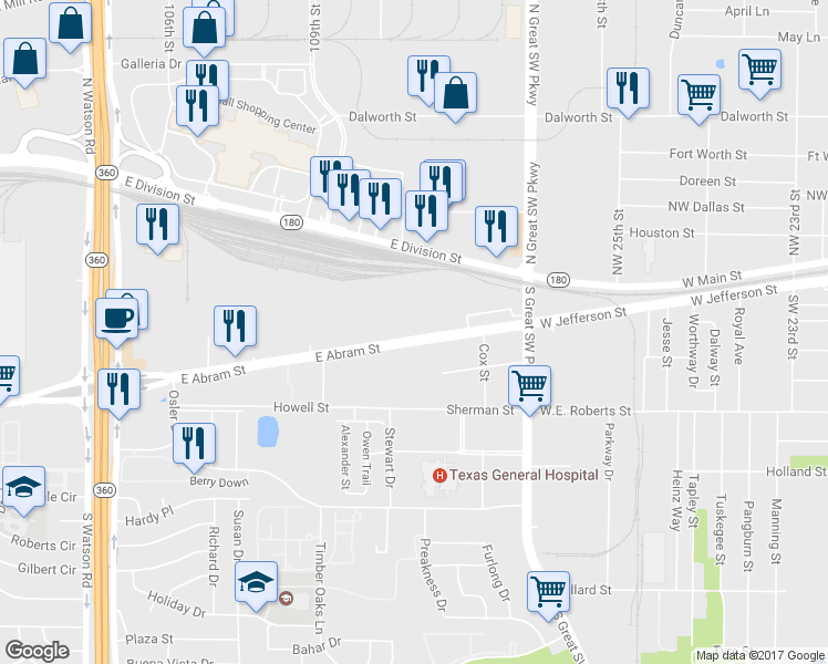 map of restaurants, bars, coffee shops, grocery stores, and more near 3211 East Abram Street in Arlington