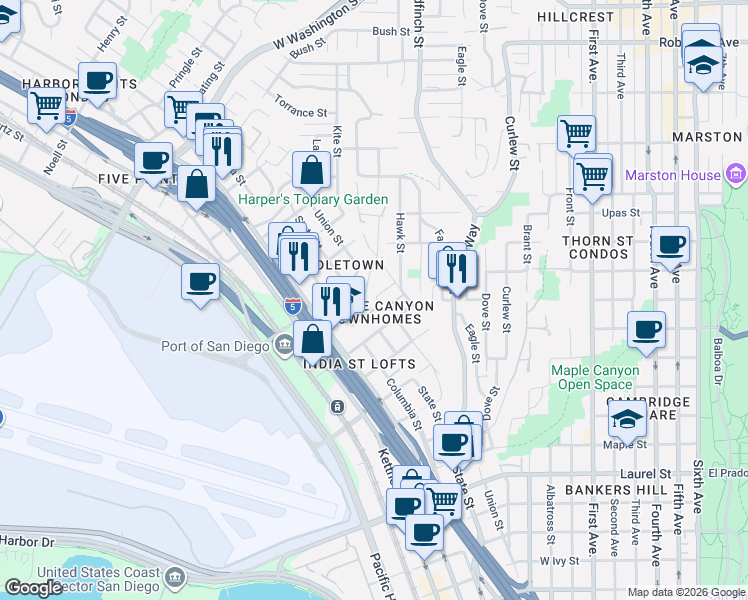 map of restaurants, bars, coffee shops, grocery stores, and more near 3184 Harbor Ridge Lane in San Diego