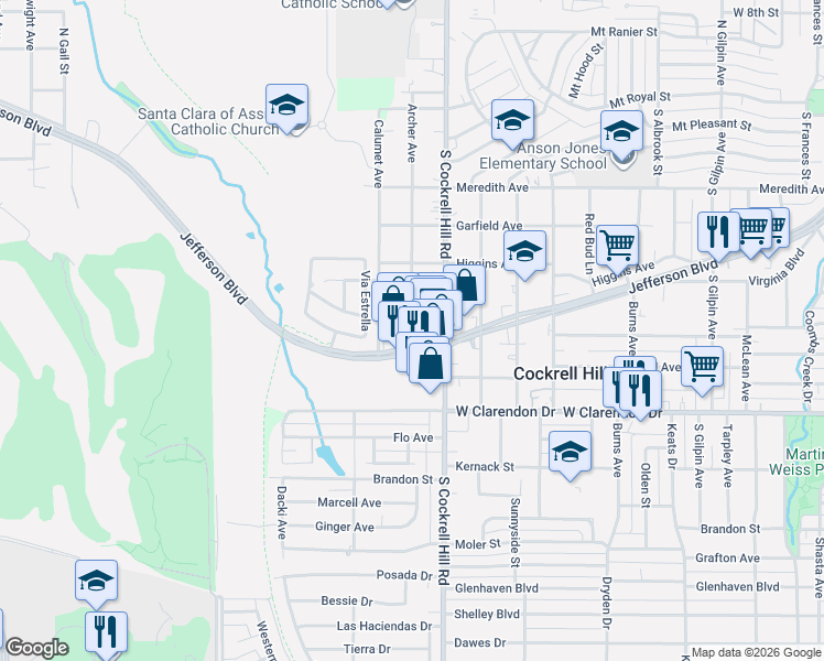 map of restaurants, bars, coffee shops, grocery stores, and more near 4445 West Jefferson Boulevard in Dallas