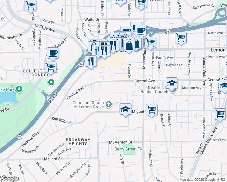 map of restaurants, bars, coffee shops, grocery stores, and more near 7033 Lemonwood Lane in Lemon Grove