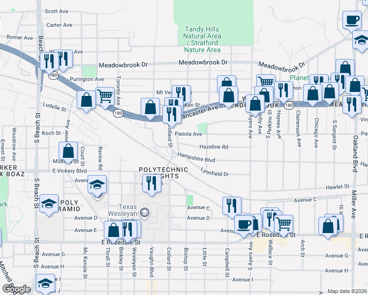 map of restaurants, bars, coffee shops, grocery stores, and more near 3324 Hazeline Road in Fort Worth