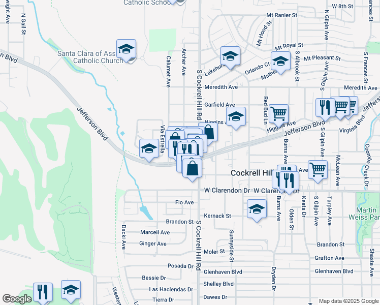 map of restaurants, bars, coffee shops, grocery stores, and more near 4445 West Jefferson Boulevard in Dallas