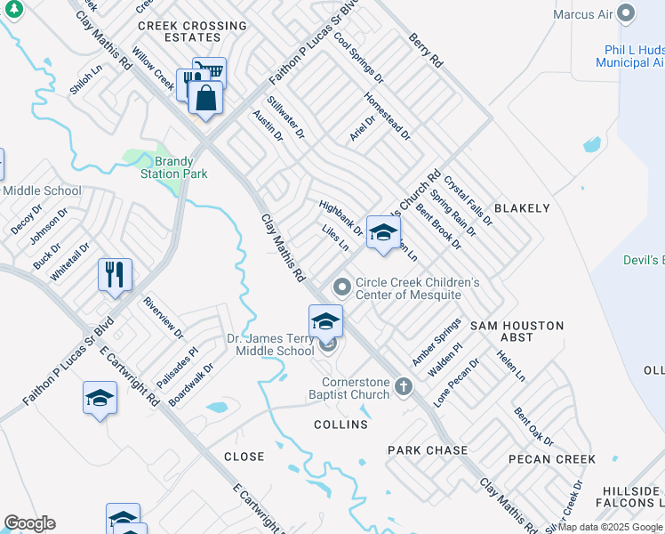map of restaurants, bars, coffee shops, grocery stores, and more near 2216 Tanglewood Street in Mesquite