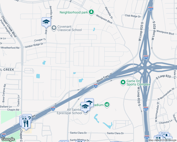 map of restaurants, bars, coffee shops, grocery stores, and more near 9600 West Freeway in Fort Worth