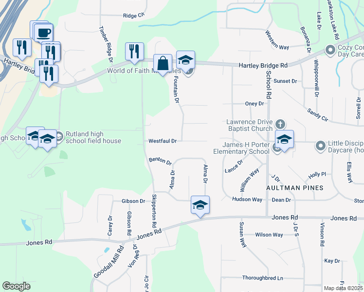 map of restaurants, bars, coffee shops, grocery stores, and more near 120 Westfaul Dr in Macon