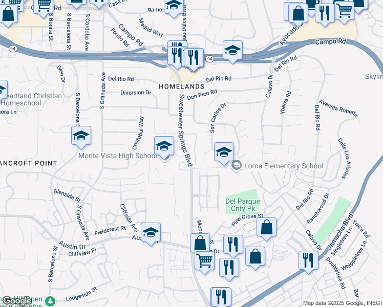 map of restaurants, bars, coffee shops, grocery stores, and more near 3265 Sweetwater Springs Boulevard in Spring Valley