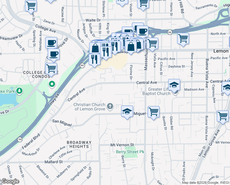 map of restaurants, bars, coffee shops, grocery stores, and more near 7033 Lemonwood Lane in Lemon Grove
