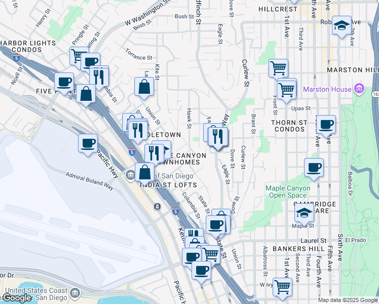 map of restaurants, bars, coffee shops, grocery stores, and more near 1075 West Spruce Street in San Diego