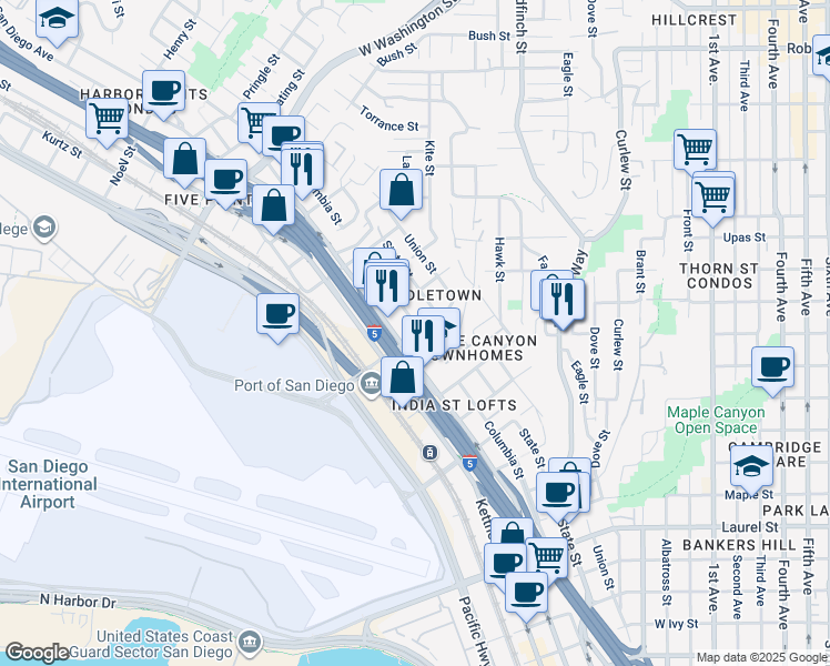 map of restaurants, bars, coffee shops, grocery stores, and more near 3260 Columbia Street in San Diego