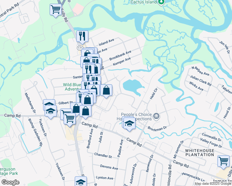 map of restaurants, bars, coffee shops, grocery stores, and more near 2 Commercial Row in Charleston