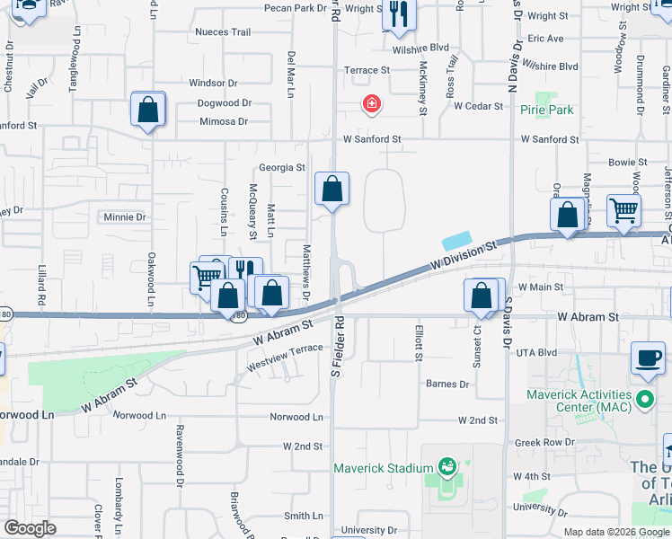 map of restaurants, bars, coffee shops, grocery stores, and more near 3001 West Division Street in Arlington