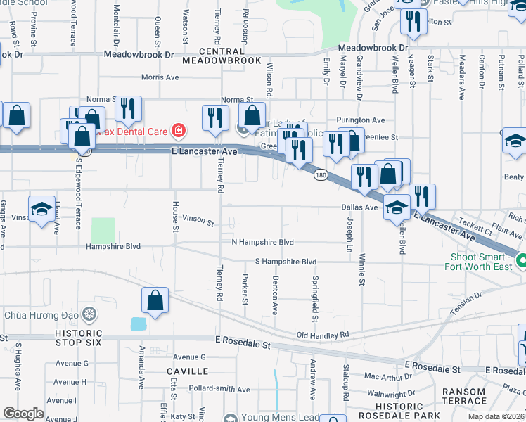 map of restaurants, bars, coffee shops, grocery stores, and more near 5216 Dallas Avenue in Fort Worth