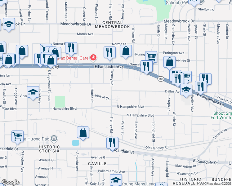 map of restaurants, bars, coffee shops, grocery stores, and more near 631 Tierney Road in Fort Worth