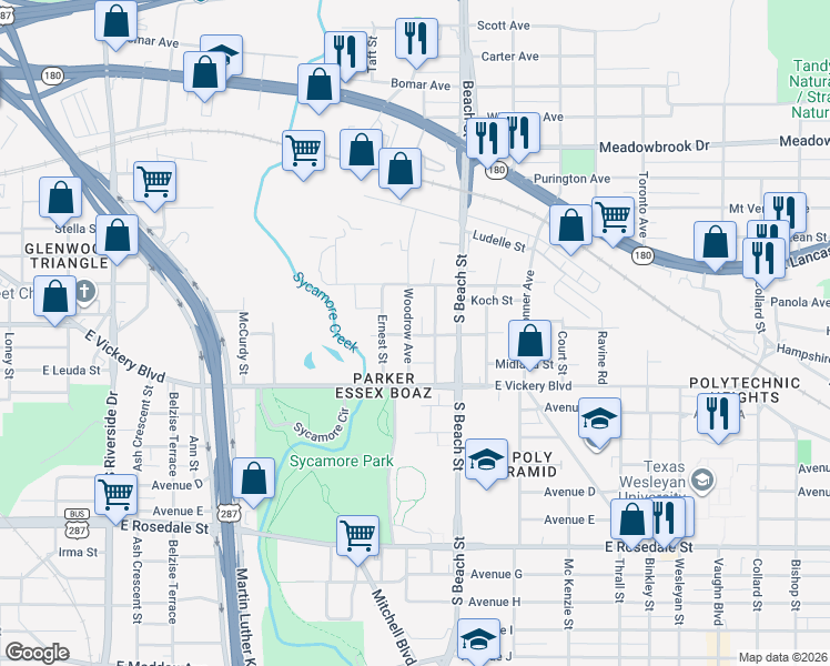 map of restaurants, bars, coffee shops, grocery stores, and more near 701 Woodrow Avenue in Fort Worth