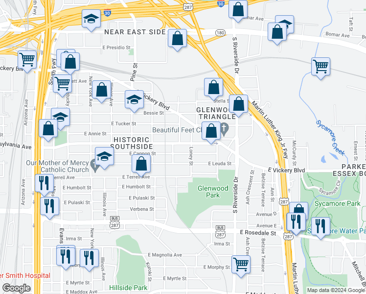 map of restaurants, bars, coffee shops, grocery stores, and more near 1511 East Cannon Street in Fort Worth