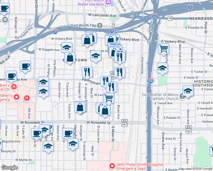 map of restaurants, bars, coffee shops, grocery stores, and more near 209 Pennsylvania Avenue in Fort Worth