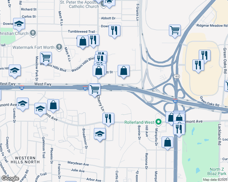 map of restaurants, bars, coffee shops, grocery stores, and more near 7817-7899 West Fwy in Fort Worth