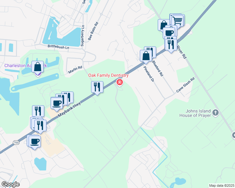 map of restaurants, bars, coffee shops, grocery stores, and more near 2030 Wildts Battery Boulevard in Johns Island