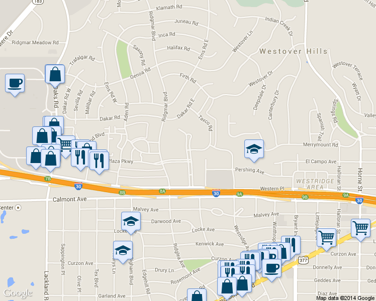map of restaurants, bars, coffee shops, grocery stores, and more near 6335 Plaza Parkway in Fort Worth