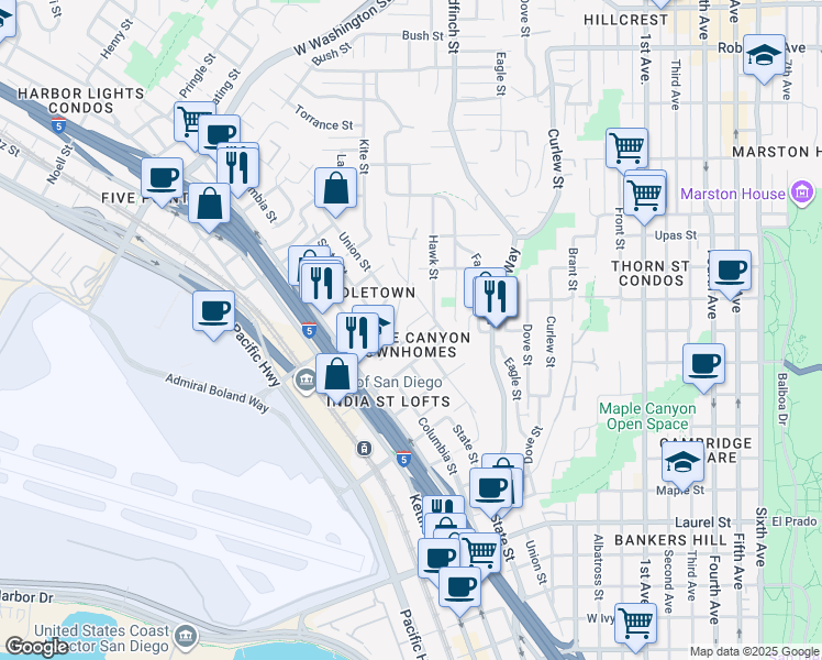 map of restaurants, bars, coffee shops, grocery stores, and more near 1075 West Spruce Street in San Diego