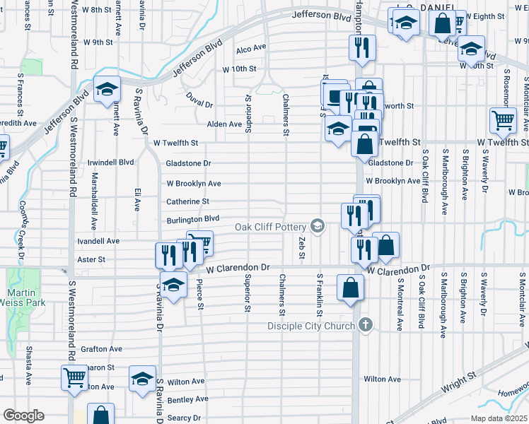 map of restaurants, bars, coffee shops, grocery stores, and more near 2631 Burlington Boulevard in Dallas