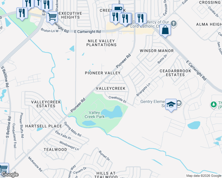 map of restaurants, bars, coffee shops, grocery stores, and more near 823 Valleycreek Road in Mesquite