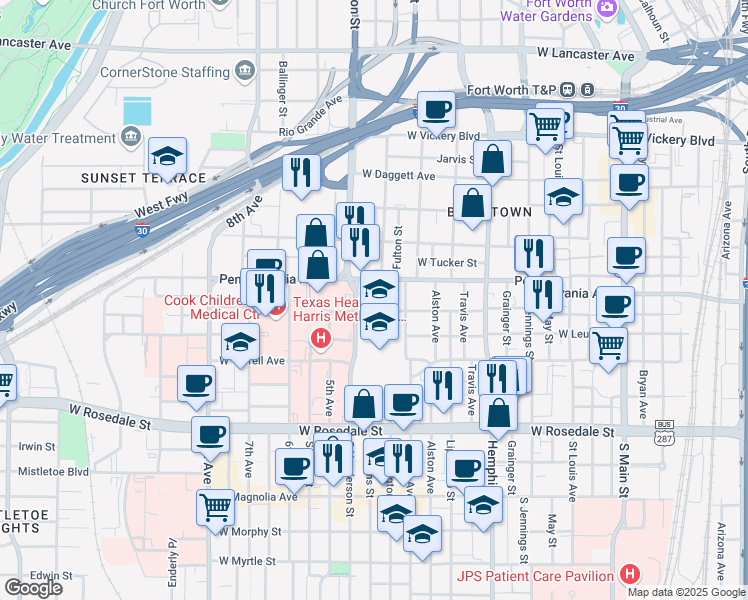map of restaurants, bars, coffee shops, grocery stores, and more near 1100 West Cannon Street in Fort Worth