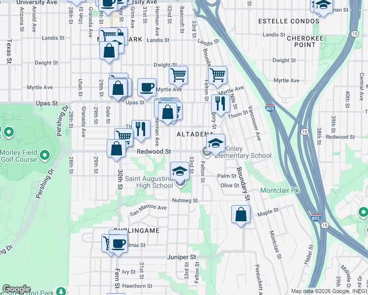 map of restaurants, bars, coffee shops, grocery stores, and more near 3224 Redwood Street in San Diego
