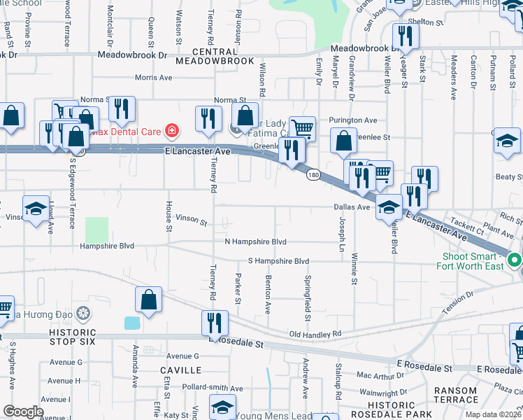map of restaurants, bars, coffee shops, grocery stores, and more near 5216 Dallas Avenue in Fort Worth